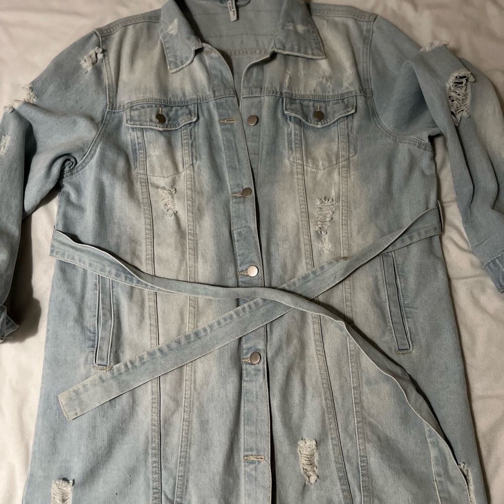 Light Wash Distressed Denim Trench Coat with Tie Belt